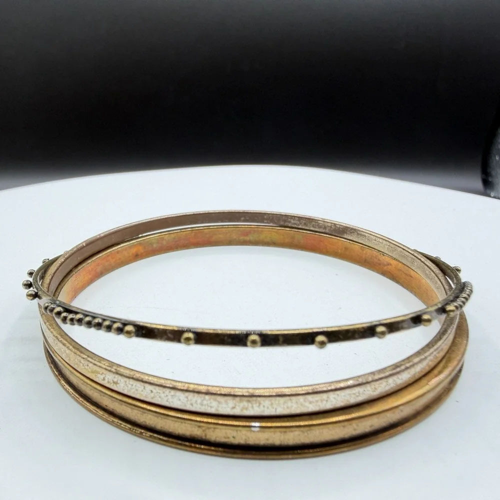 Brass Tone Multi Band Bangle Bracelet Beaded Dot Boho Tribal Statement Jewelry